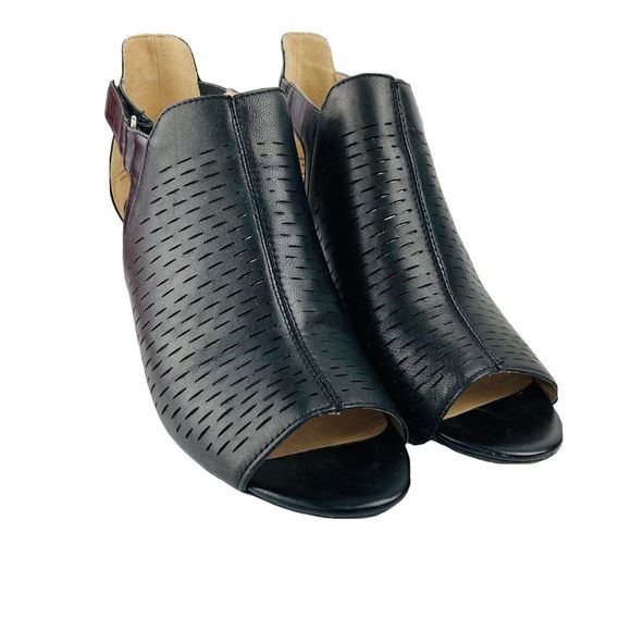 Adrienne Vittadin Black Leather Wedge Heel Open Toe Bootie Sandal Shoes US 9.5M - Picture 3 of 16